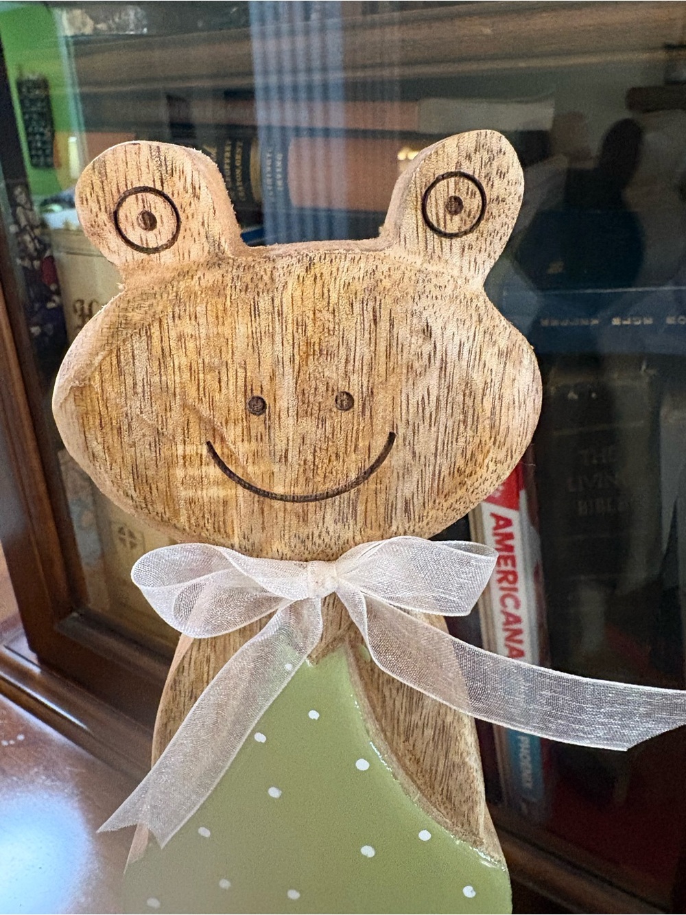 Mango Wooden Frog Figurine with Green Polka Dot Dress